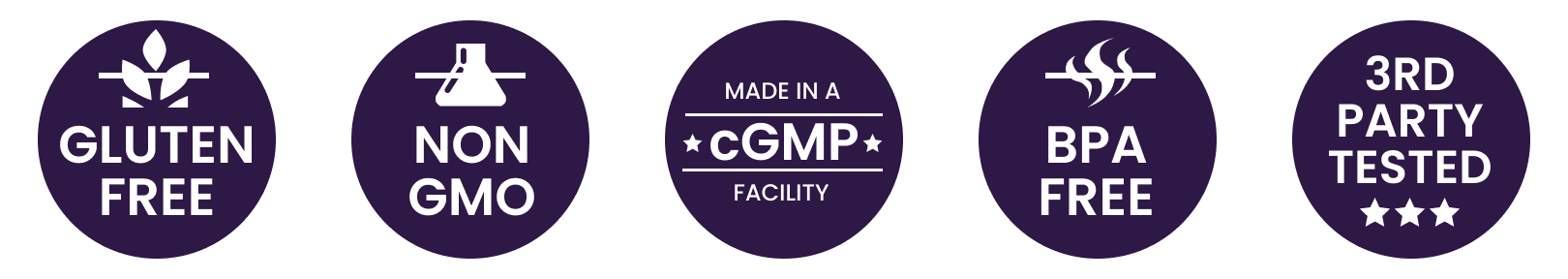 Gluten Free, Non GMO, Made in a cGMP Facility, BPA Free, 3rd Party Tested